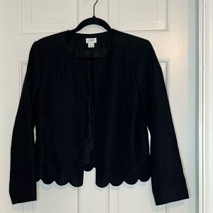J Crew Factory black open front scalloped linen jacket, size small